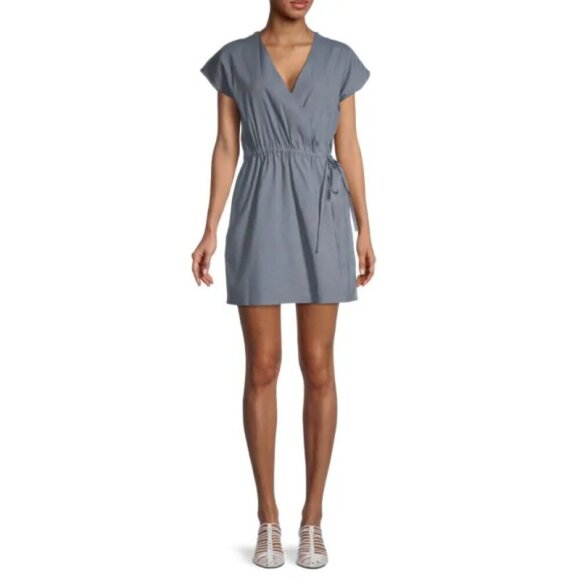 Theory Short-Sleeve Linen-Blend Wrap-Front Romper, Steel - Picture 1 of 2